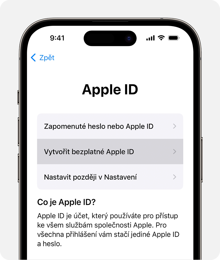 Když nastavujete nové zařízení, můžete si vytvořit nové Apple ID, nebo se můžete rozhodnout vytvořit ho později.