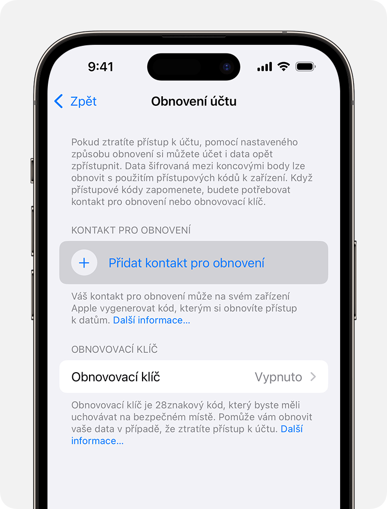 Obrazovka iPhonu zobrazující, jak přidat kontakt pro obnovení účtu