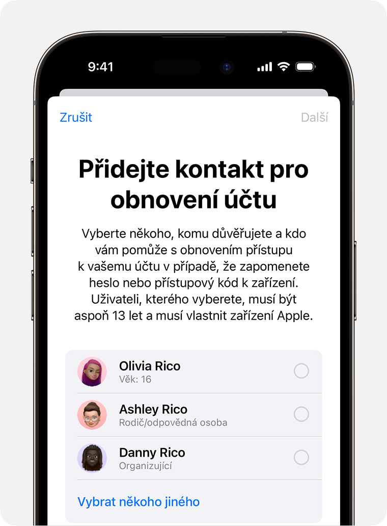 Obrazovka iPhonu s kontakty, které můžete přidat jako kontakt pro obnovení účtu