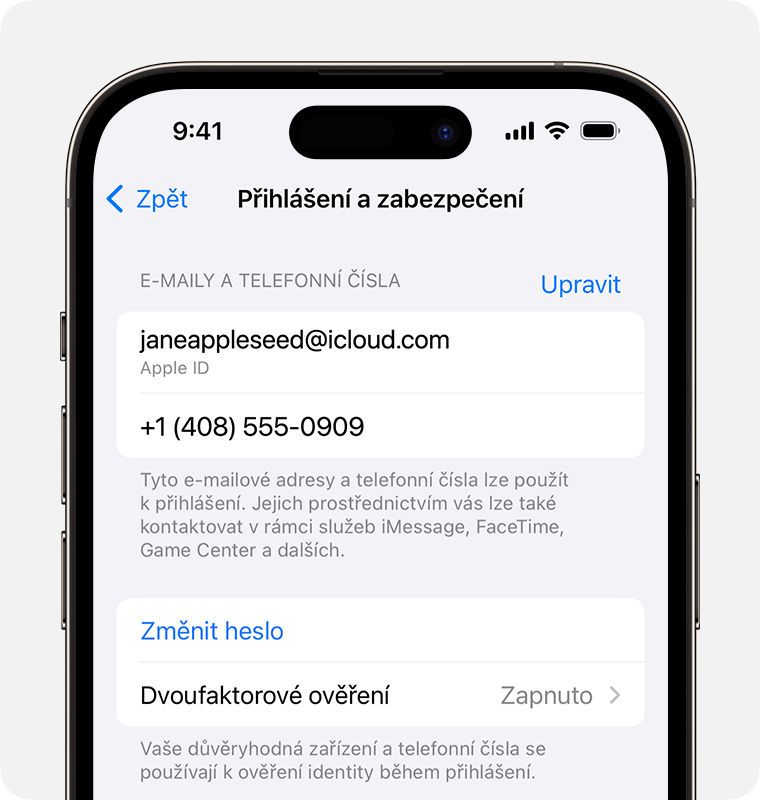 Obrazovka iPhonu s ukázkou toho, jak si změnit heslo k Apple ID