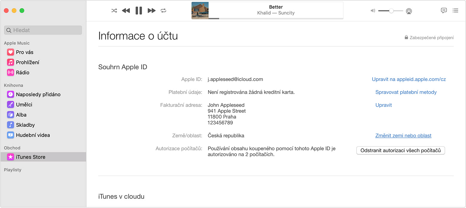Mac s otevřenou stránkou Informace o účtu.