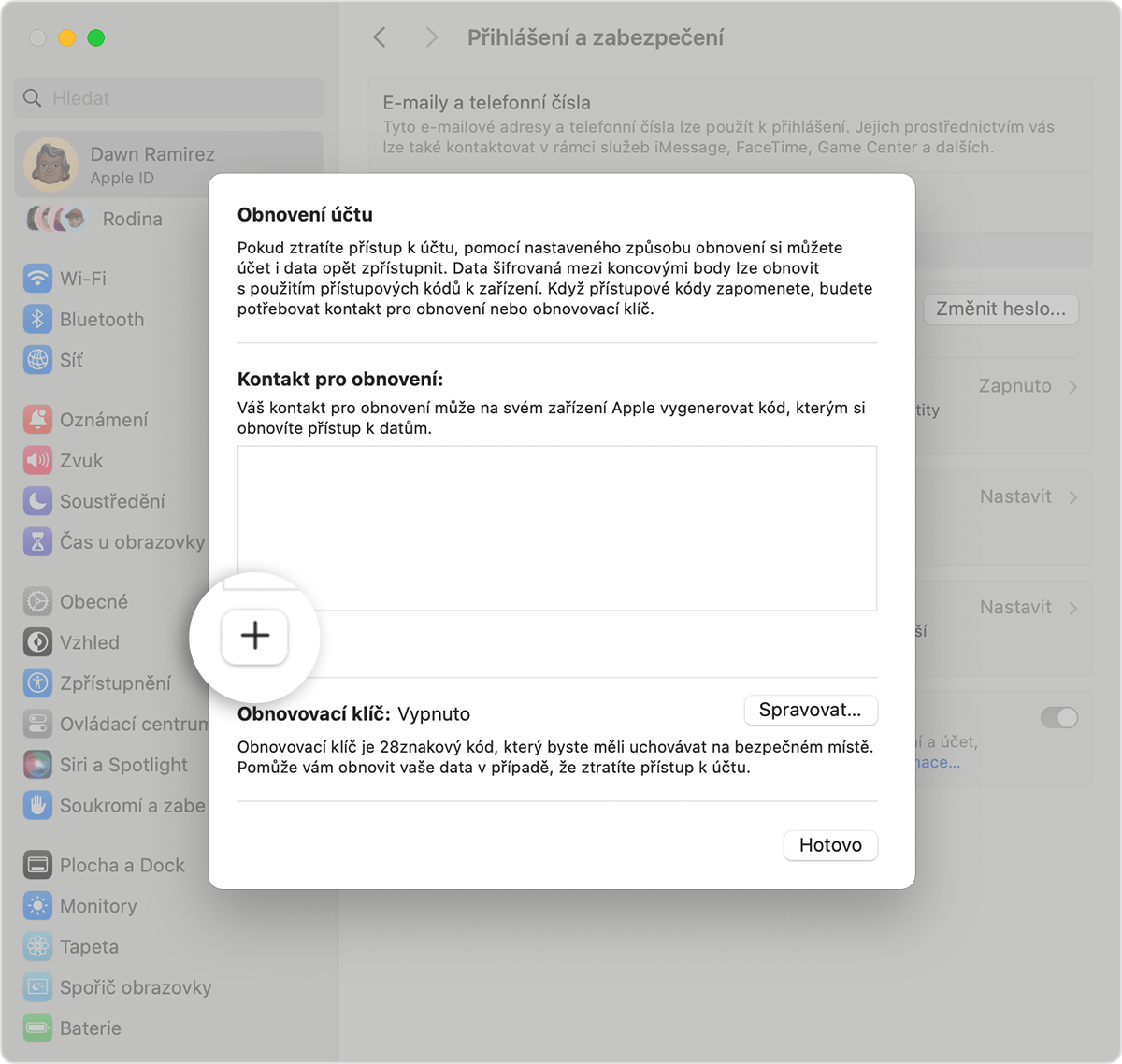 Obrazovka Macu zobrazující, jak přidat kontakt pro obnovení účtu