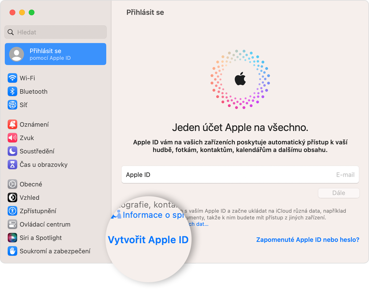 Na Macu vytvořte Apple ID v nabídce Nastavení systému