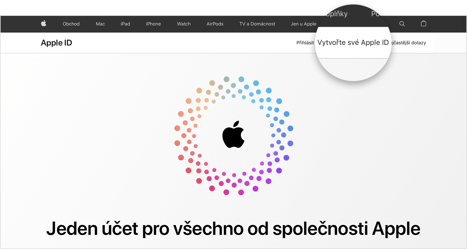 Snímek obrazovky appleid.apple.com, na kterém je uprostřed logo Apple, které je obklopené soustřednými barevnými kruhy.