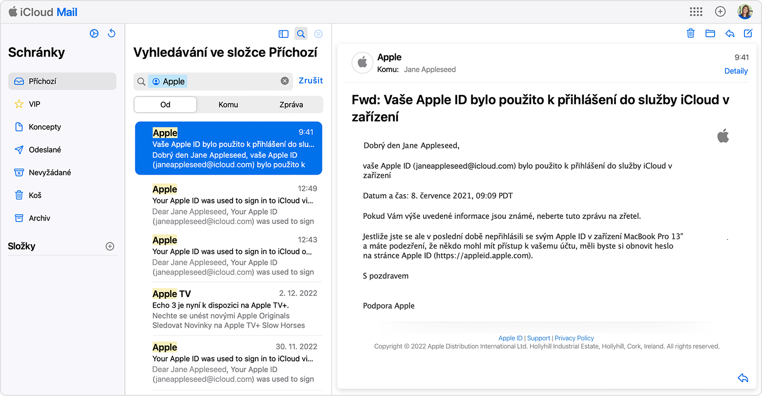 Zjištění e-mailové adresy Apple ID vyhledáním e-mailů od společnosti Apple