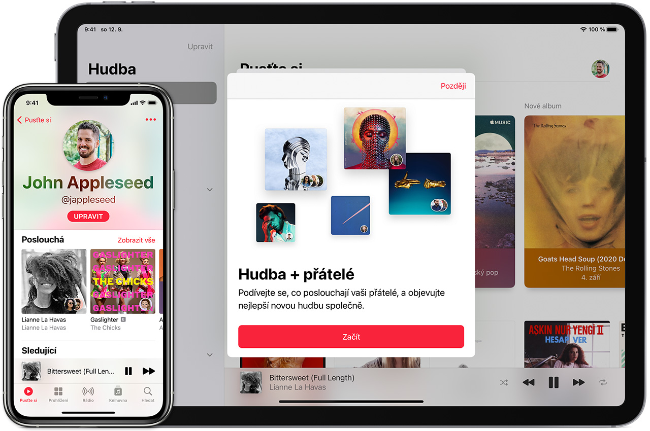 iPhone zobrazující profil uživatele v aplikaci Hudba. A Mac s obrazovkou „Začít“ pro vytvoření nového profilu v aplikaci Hudba.