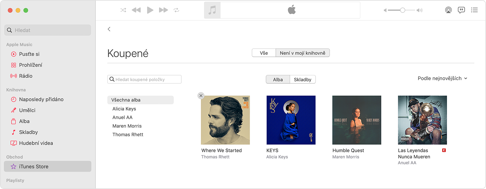 Tlačítko Skrýt nákup v aplikaci Hudba na Macu