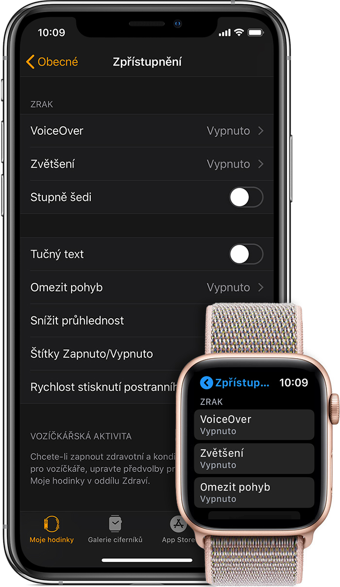 Nastavení Zpřístupnění na iPhonu a Apple Watch