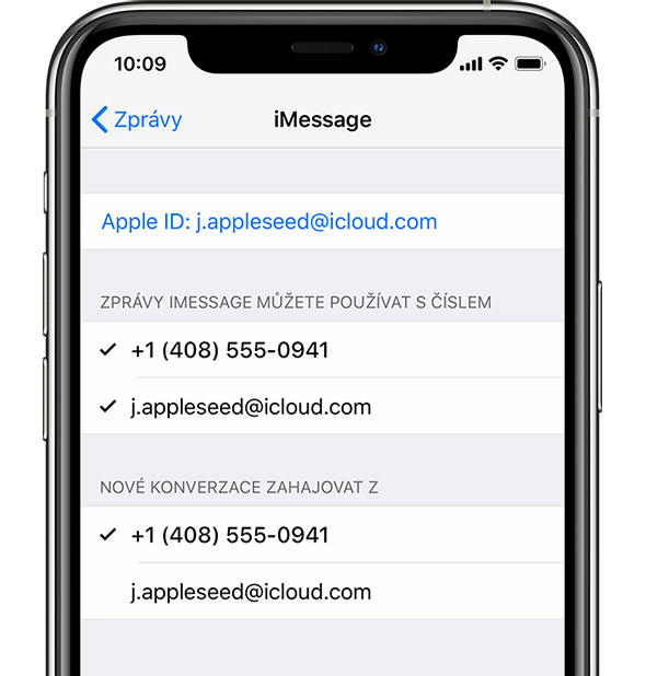 John Appleseed přihlášený v iMessage pomocí Apple ID.