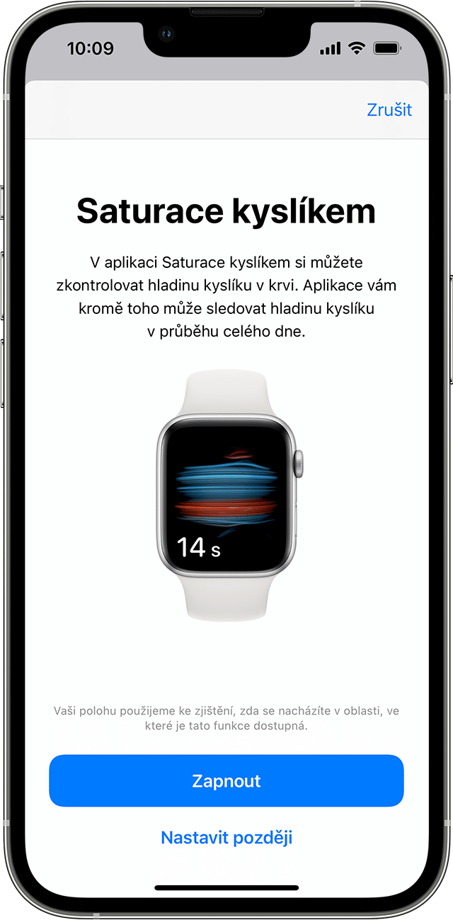iPhone zobrazující úvodní obrazovku nastavení aplikace Saturace kyslíkem