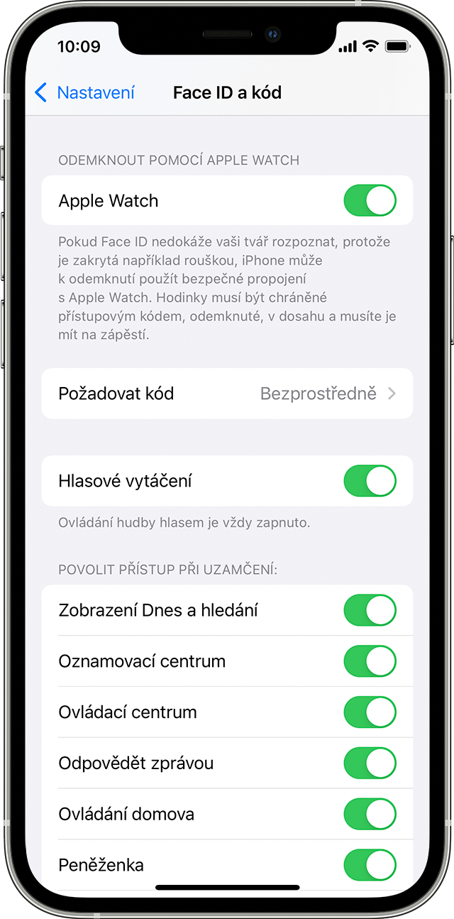 Snímek obrazovky iOS se zobrazenými volbami na stránce Face ID a kód.