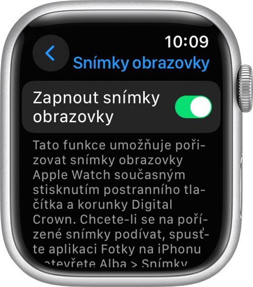Povolení možnosti Zapnout snímky obrazovky v aplikaci Nastavení Apple Watch