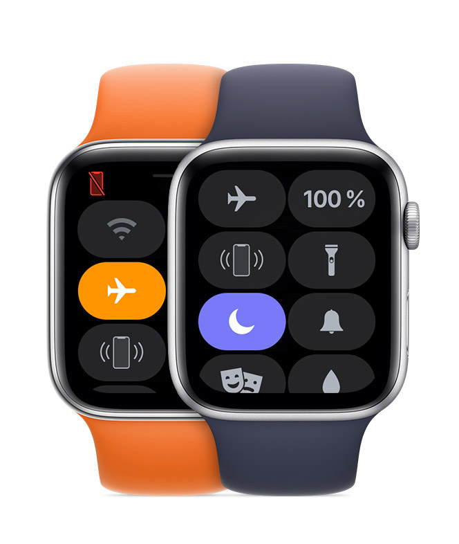 Apple Watch se zapnutým režimem Nerušit a další se zapnutým Letovým režimem.