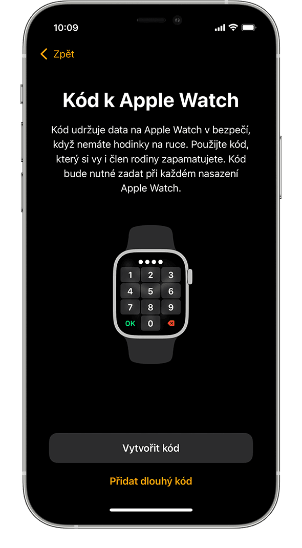 iPhone s obrazovkou nastavení kódu Apple Watch