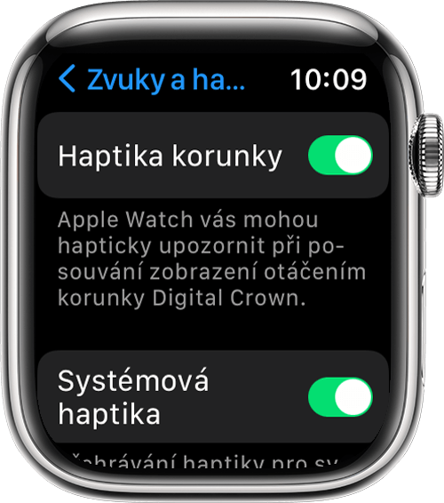 Apple Watch ukazující nabídku Haptika korunky a obrazovku Zvuky a haptika nastavení Systémová haptika v nabídce Nastavení