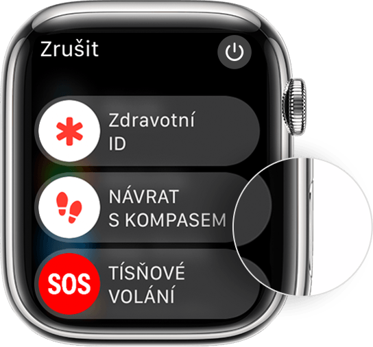 Apple Watch s vyznačením bočního tlačítka a posuvníku Vypnout.