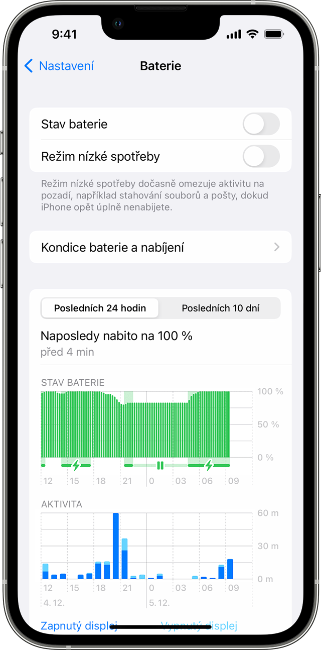 iPhone s obrazovkou Baterie v Nastavení