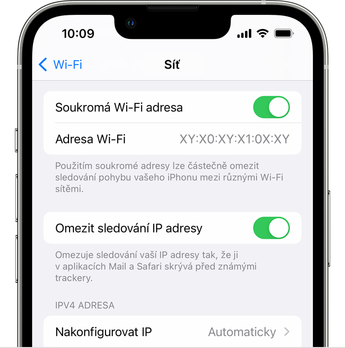 Na iPhonu zapněte nebo vypněte Soukromou adresu Wi-Fi v aplikaci Nastavení