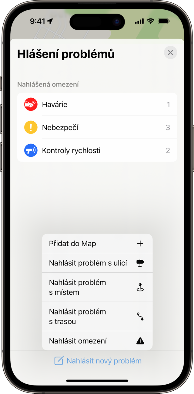 Na svém iPhonu můžete na hlavní obrazovce Map nahlásit dopravní situaci.