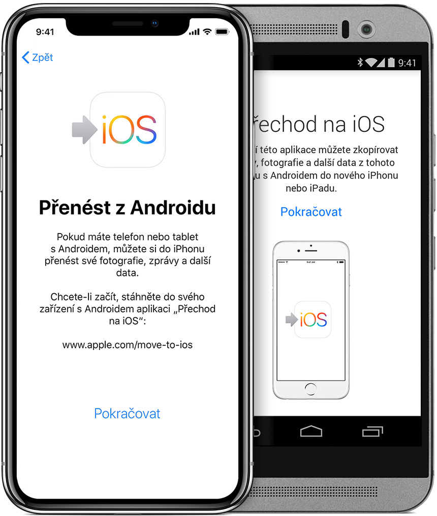 obrazovky aplikace Přechod na iOS na iPhonu a Androidu