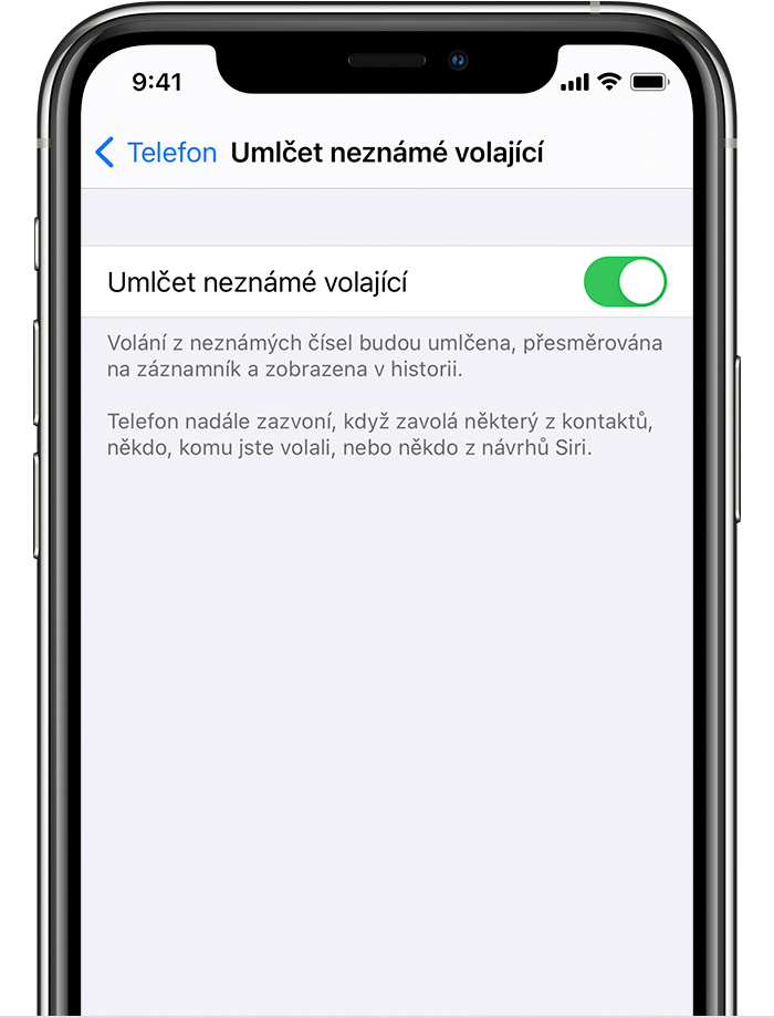 iPhone zobrazující, jak zapnout funkci Umlčet neznámé volající