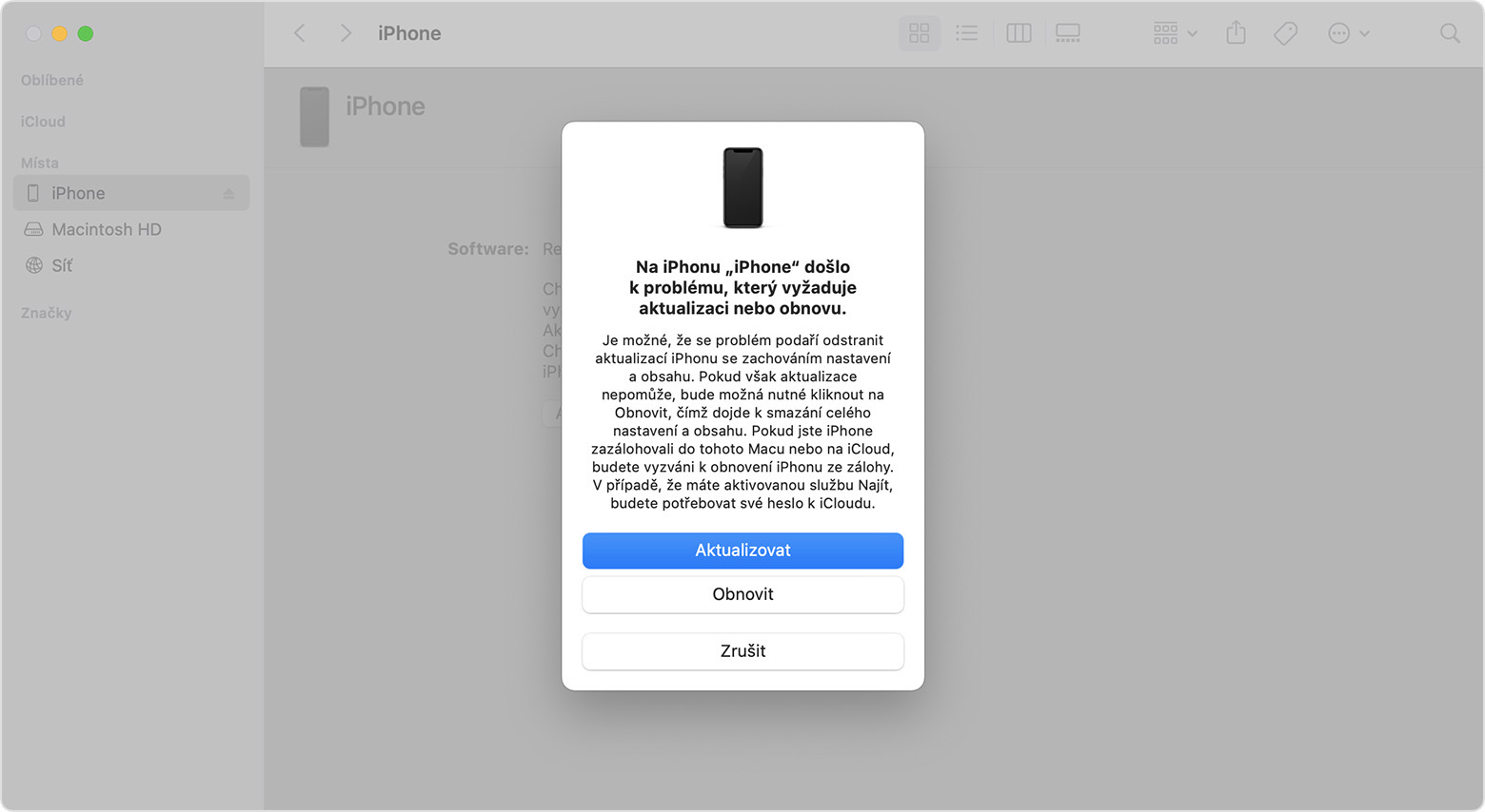 Okno Finderu s výzvou k aktualizaci nebo obnovení iPhonu. Je vybrána aktualizace.