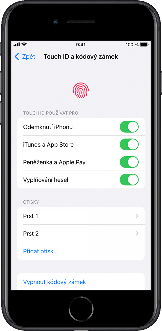 V Nastavení si uživatel vybere, které funkce iPhonu povolí pomocí Touch ID