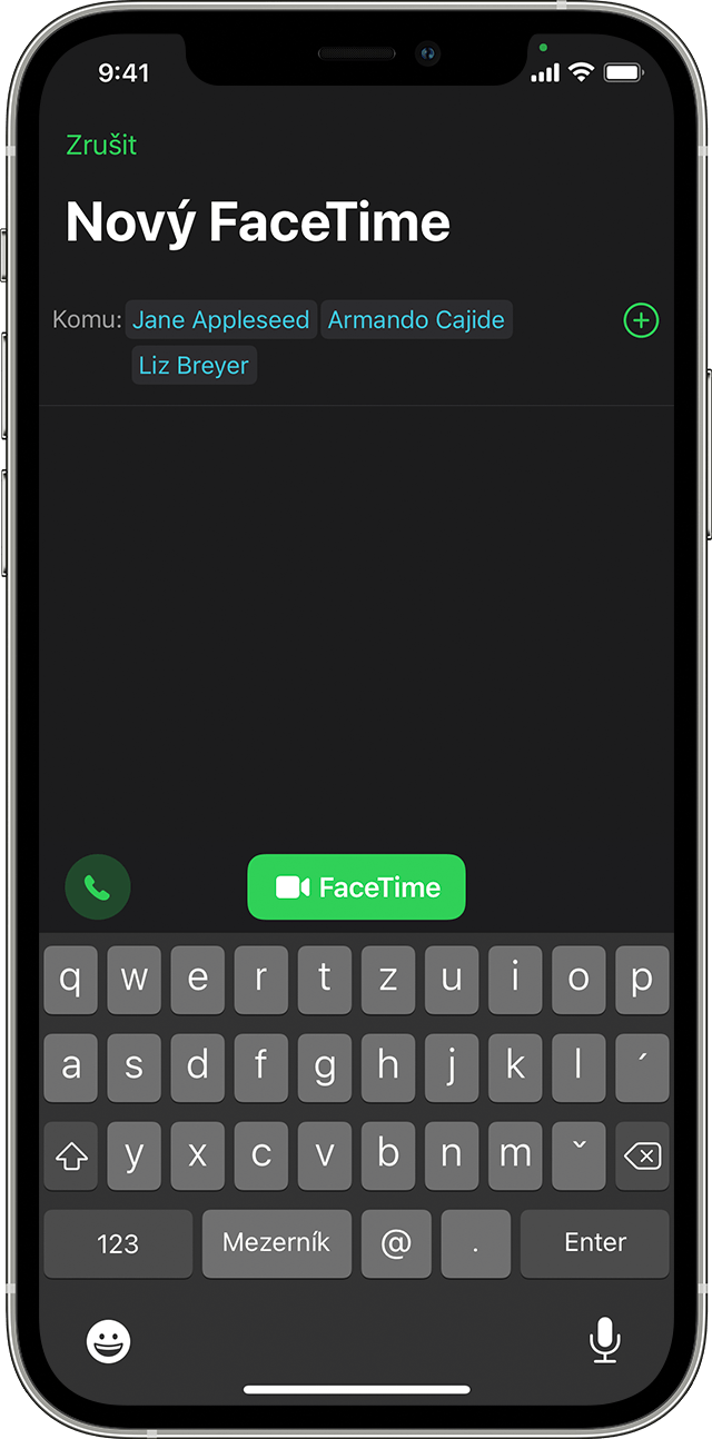iPhone ukazující, jak zahájit skupinový hovor z aplikace FaceTime