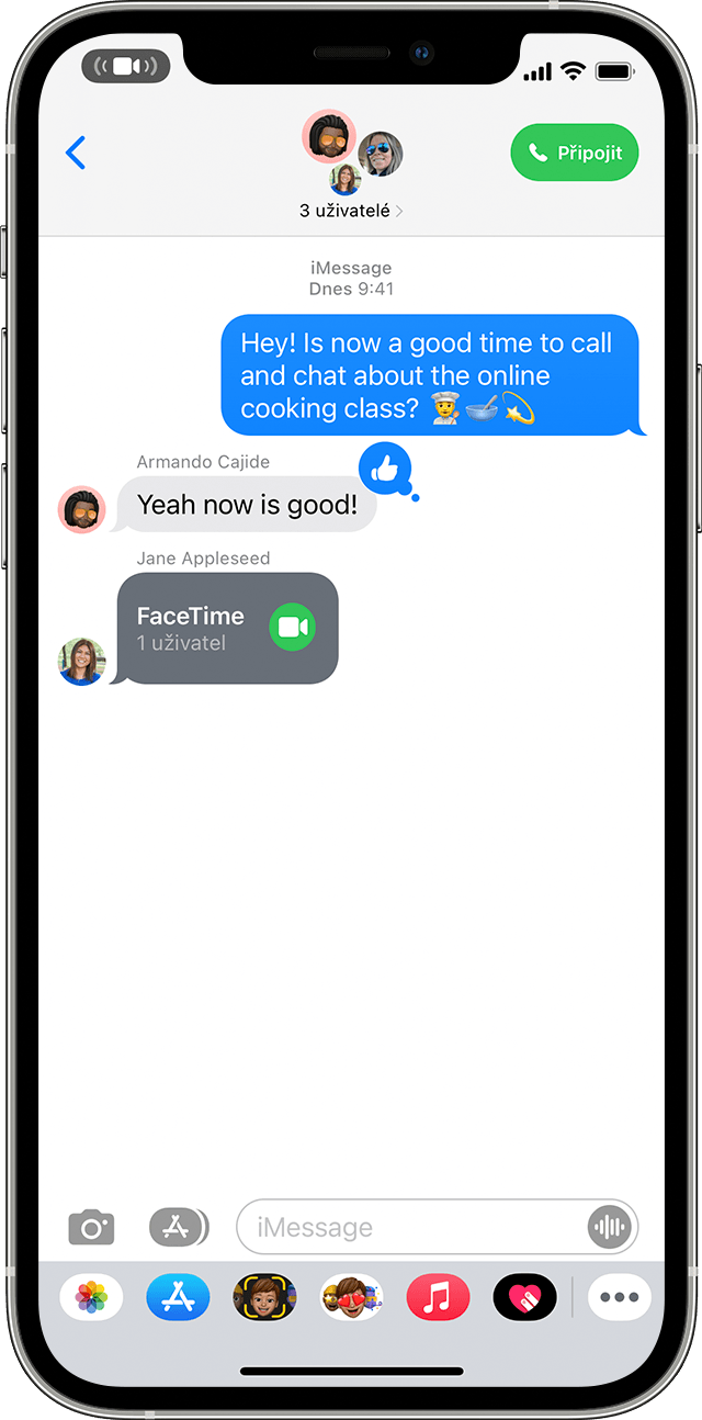iPhone ukazující, jak se připojit k FaceTime hovoru ze skupinové zprávy