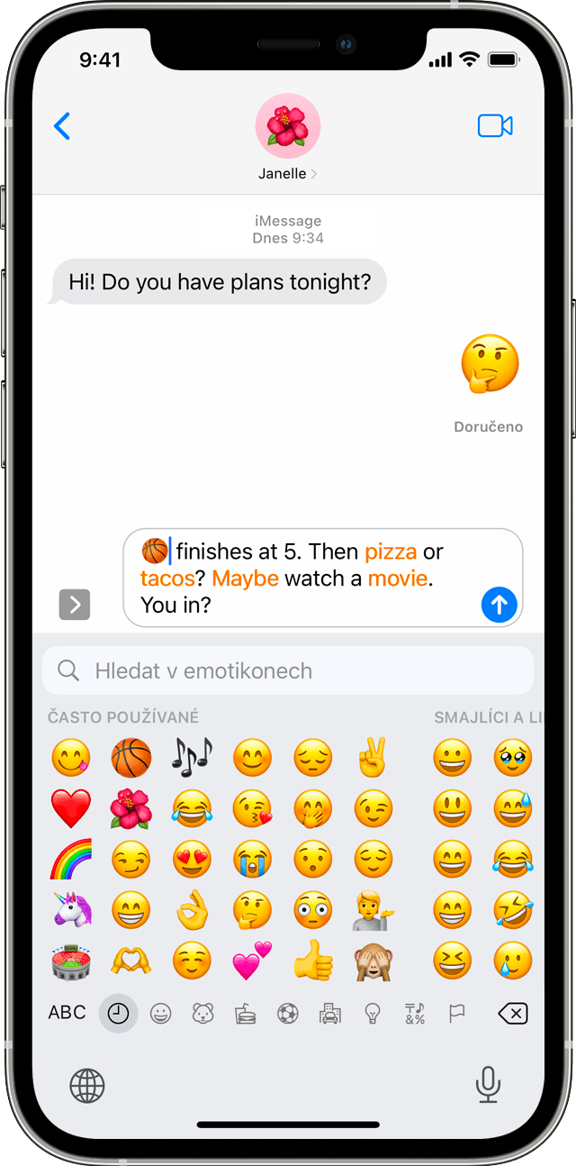 Obrazovka iPhonu zobrazující konverzaci Zpráv s otevřenou klávesnicí emotikonů.