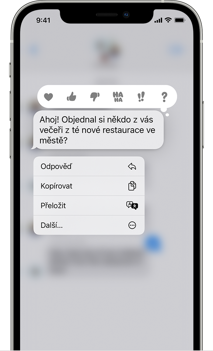 iPhone zobrazující nabídku navazující odpovědi, která se zobrazí, když stisknete a podržíte bublinu zprávy při odesílání navazující odpověď.