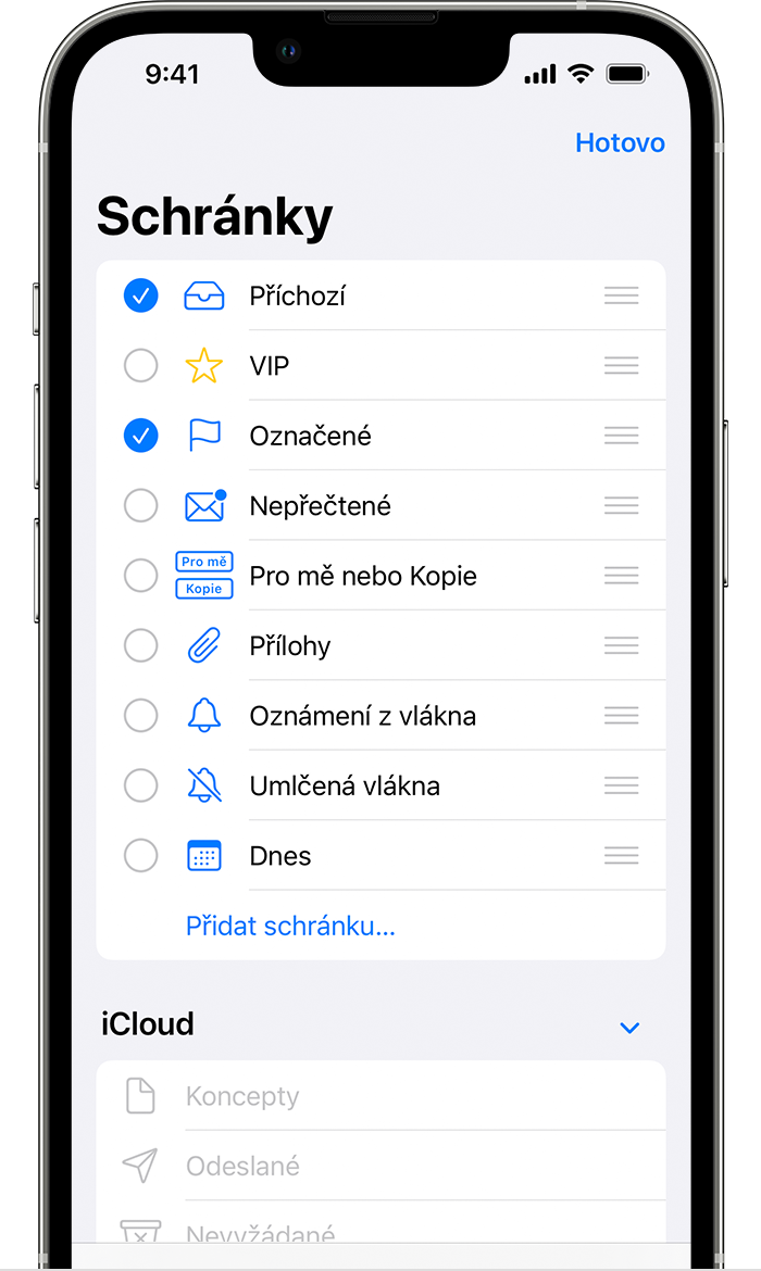 Výběr označené schránky v iOS 15