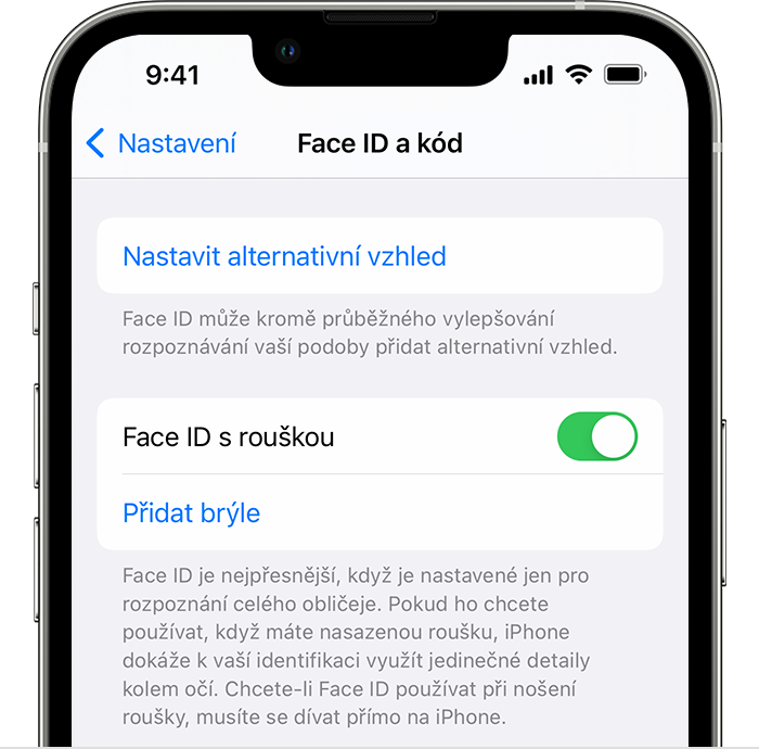 Použití Face ID s nasazenou rouškou na iPhonu 12 a novějším Podpora
