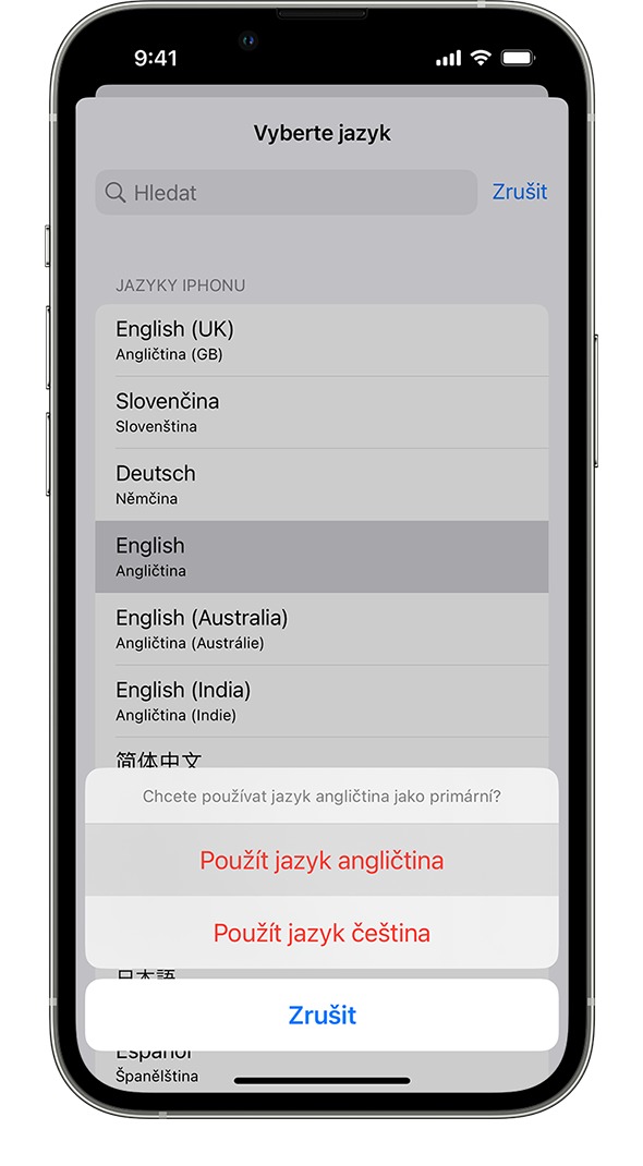 iPhone zobrazující upozornění „Chcete používat jazyk francouzština jako primární?“ Zobrazené možnosti jsou Použít francouzštinu, Použít angličtinu (USA) a Zrušit.