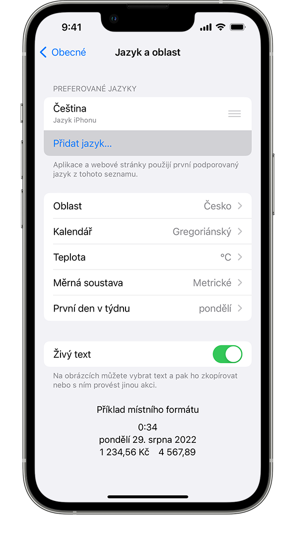 iPhone zobrazující nabídku Jazyk a oblast se zvýrazněnou volbou Přidat jazyk.