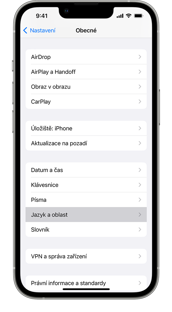 iPhone zobrazující nabídku Obecné se zvýrazněnou volbou Jazyk a oblast.