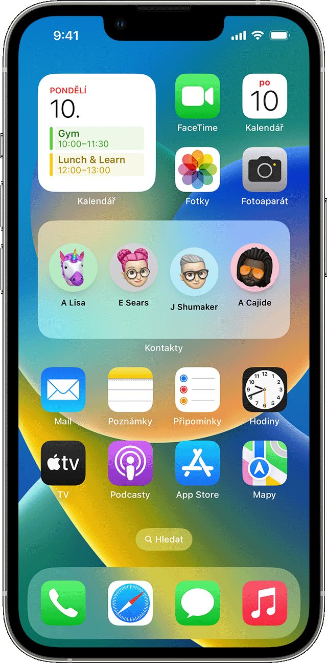 Obrazovka iPhonu zobrazující, jak přidat widgety