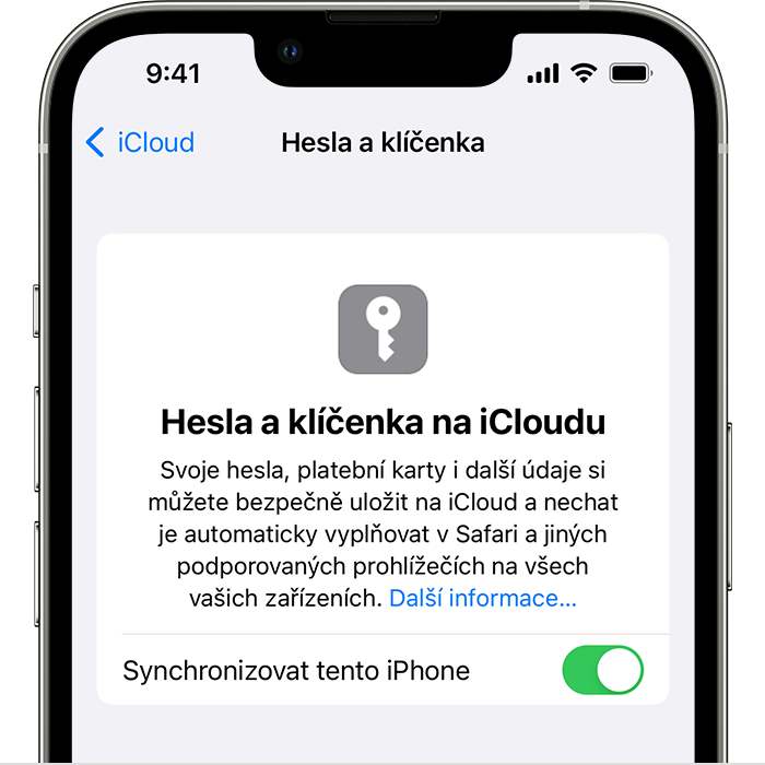 Na iPhonu zapněte klíčenku na iCloudu v nabídce Nastavení