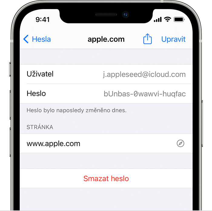 iPhone 12 Pro zobrazující podrobnosti účtu Apple, včetně uživatelského jména a hesla.
