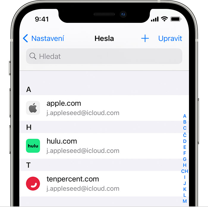 iPhone 12 Pro s otevřenou obrazovkou Nastavení, kde se v sekci Hesla zobrazují hesla k účtům jako jako Apple, Google a Netflix.