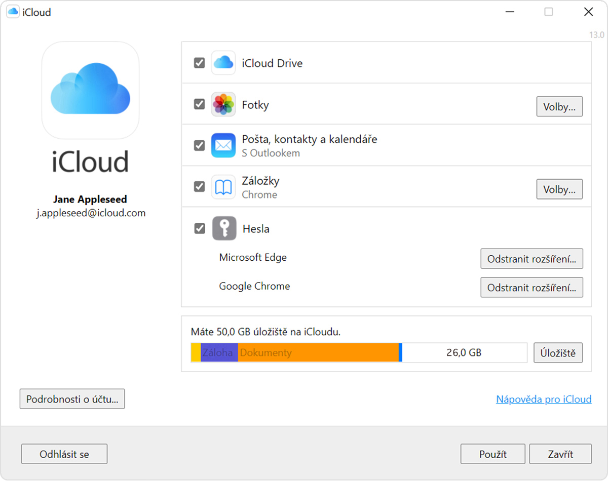 Zobrazení úložiště na iCloudu a správa tarifu úložiště na PC
