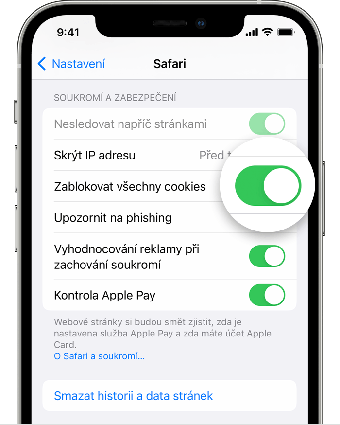 Nastavení Safari na iPhonu s povolenou funkcí Zablokovat všechny cookies