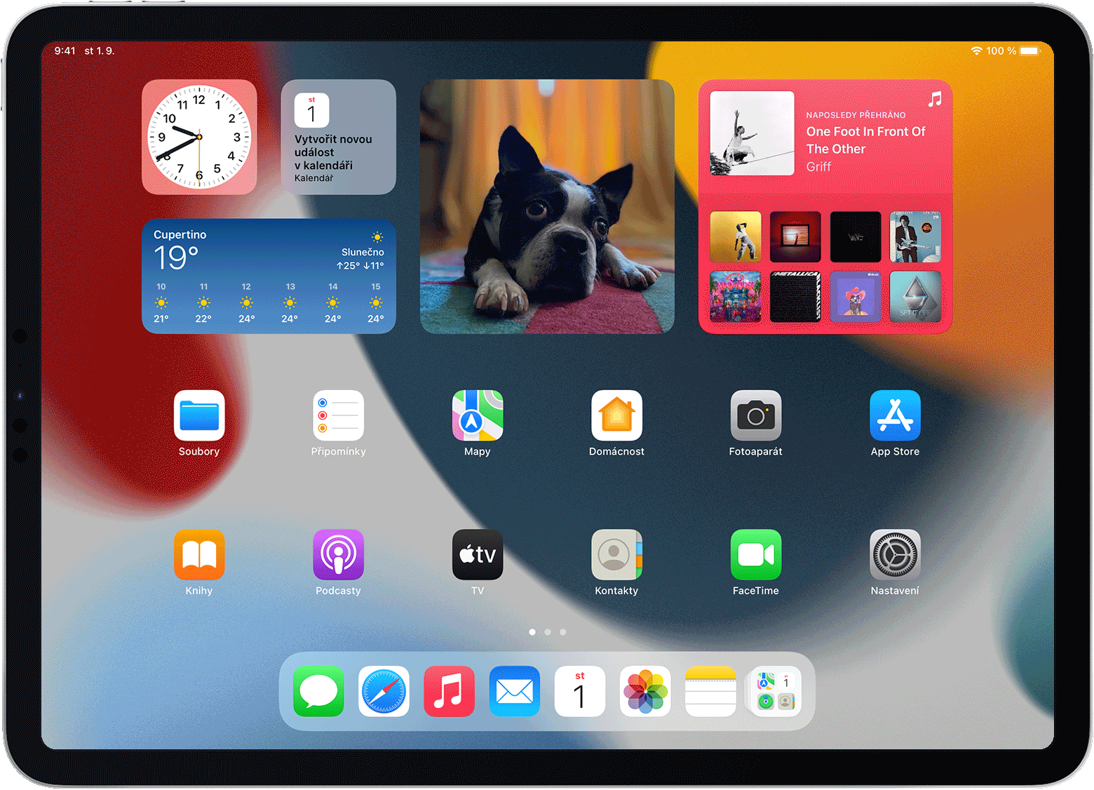 Obrazovka iPadu zobrazující sadu widgetů a její obsah