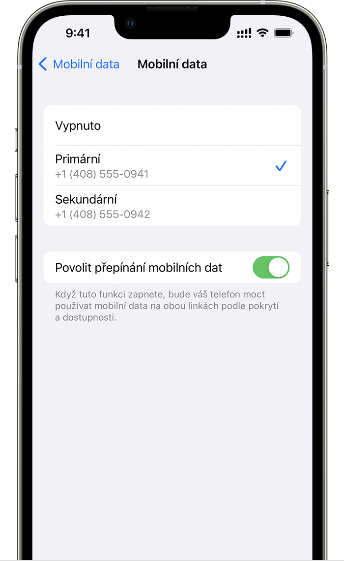 Obrazovka iPhonu zobrazující nastavení Mobilních dat