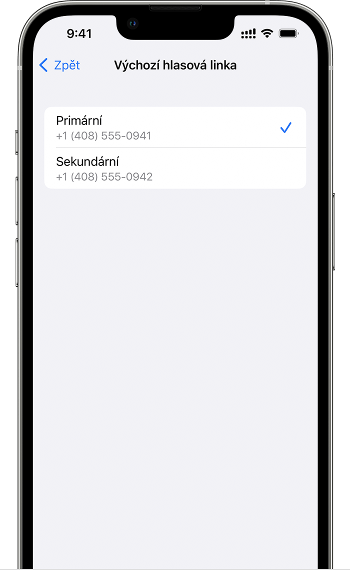 Obrazovka iPhonu zobrazující telefonní číslo vybrané jako primární Výchozí hlasová linka