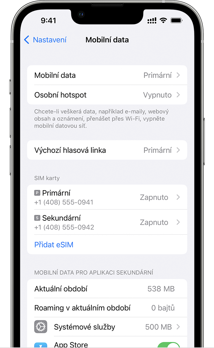 Obrazovka iPhonu zobrazující nastavení Mobilního připojení