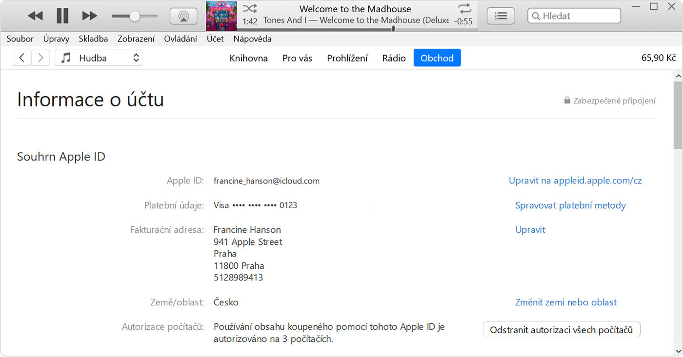 iTunes s otevřenou stránkou Informace o účtu