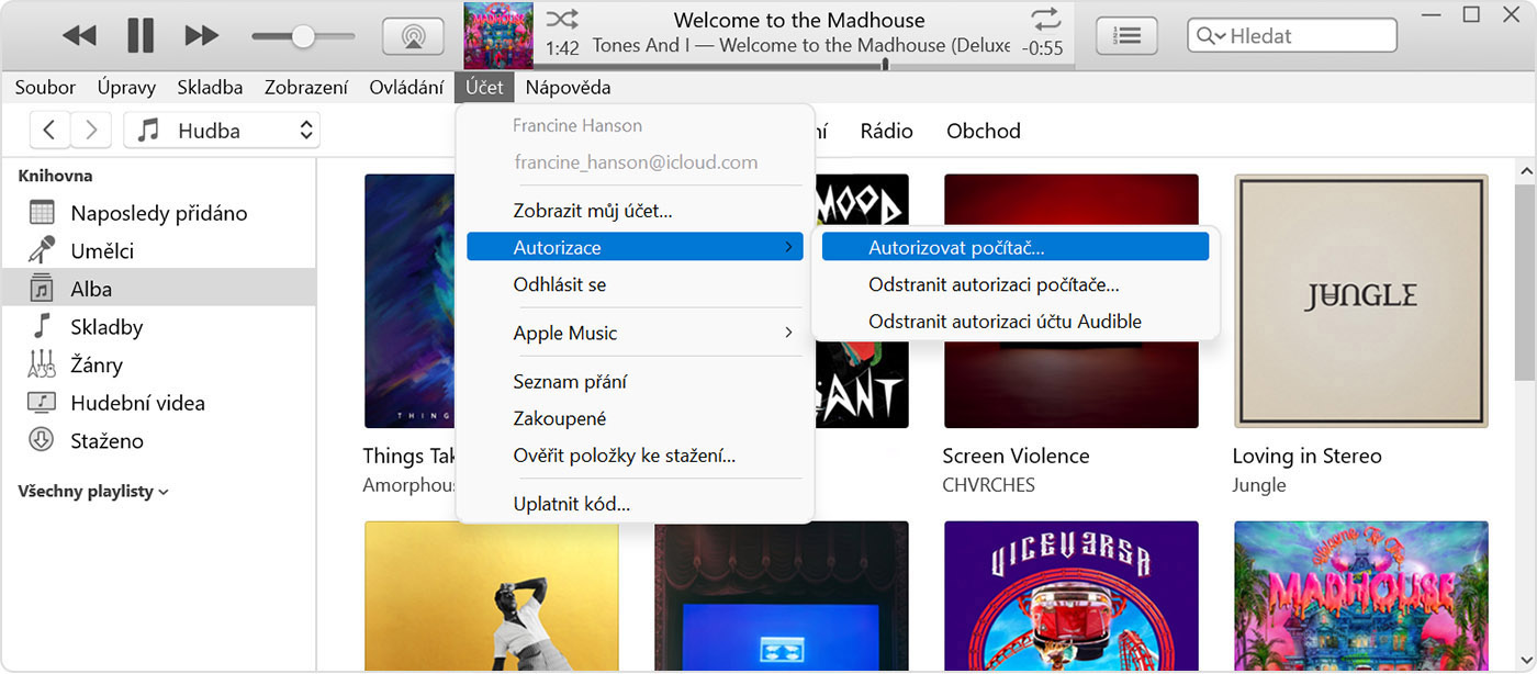 iTunes zobrazující nabídku Účet, Autorizace a Autorizovat počítač. 