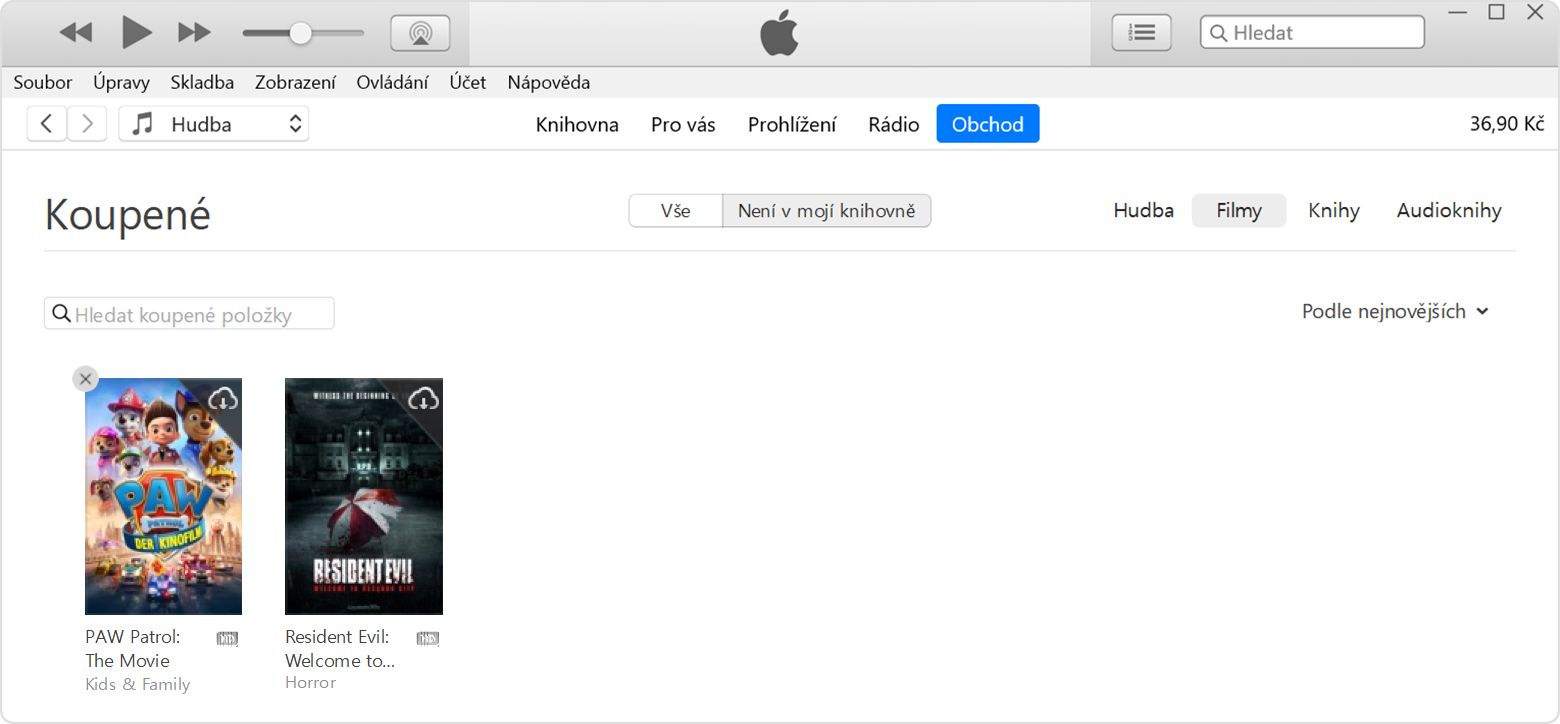 Tlačítko Skrýt nákup v iTunes na PC
