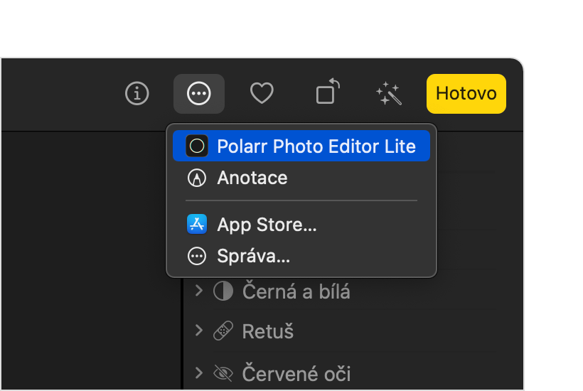 Aplikace Fotky na Macu zobrazující výběr rozšíření od jiného vývojáře